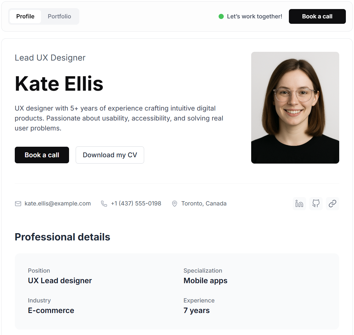 A screenshot of a completed Pfolo resume.